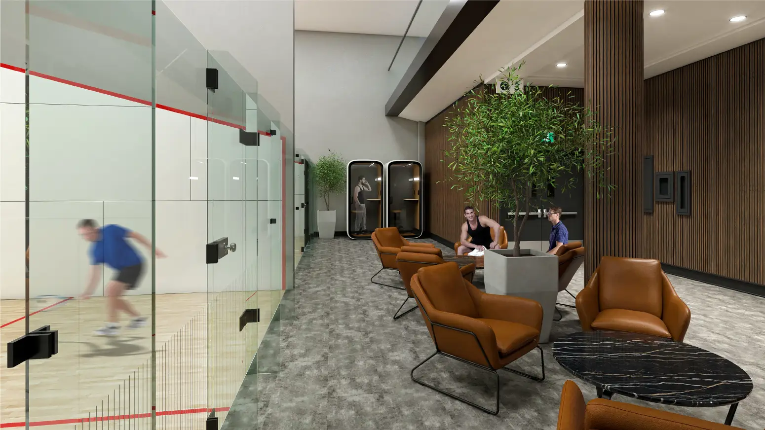 Eau Claire Athletic Club Squash Court Lounge rendering