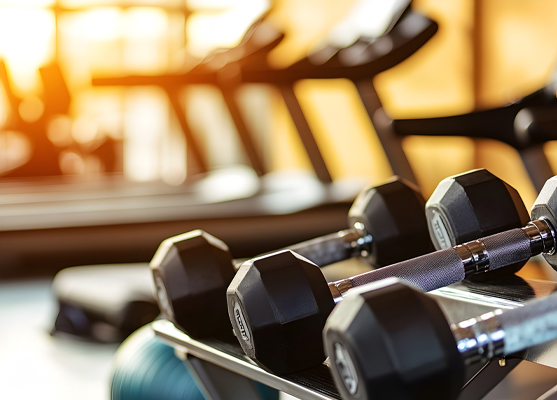 Fitness equipment close up of free weights and treadmills